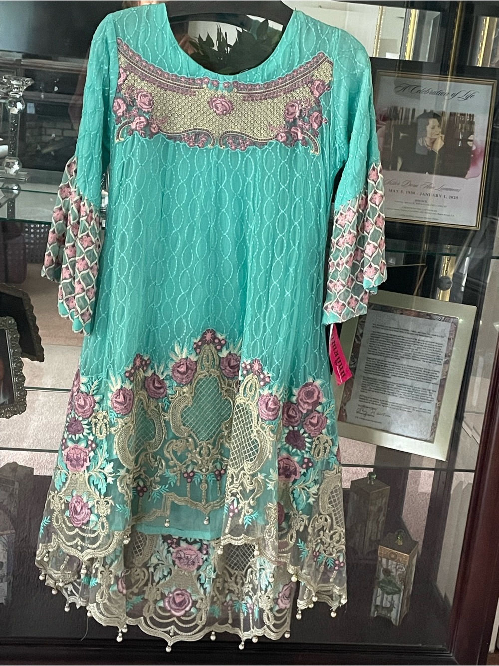 Turquoise Embroidered Rose Appliqué Midi Dress